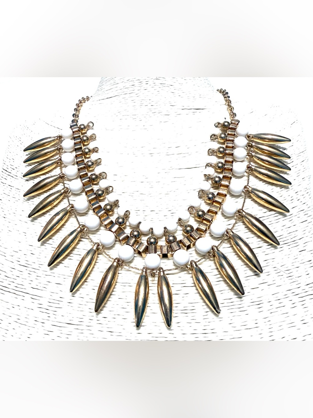 Vintage Boho Gold and White Statement Bib Necklace - Women Jewelry